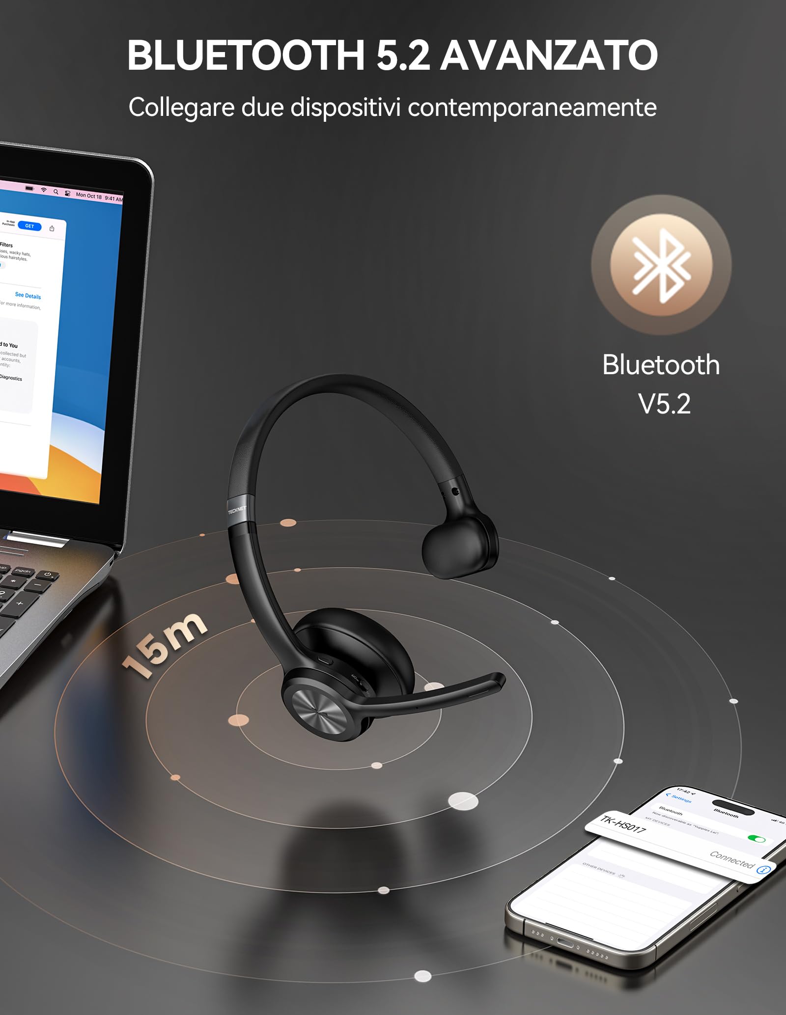 TECKNET Cuffie Bluetooth con Microfono, Auricolare Bluetooth Singolo con Tecnologia Bluetooth 5.2, Cuffie Call Center, Cuffie con Microfono Per PC for Skype/Ufficio/Telelavoro/Call Center/Camionista