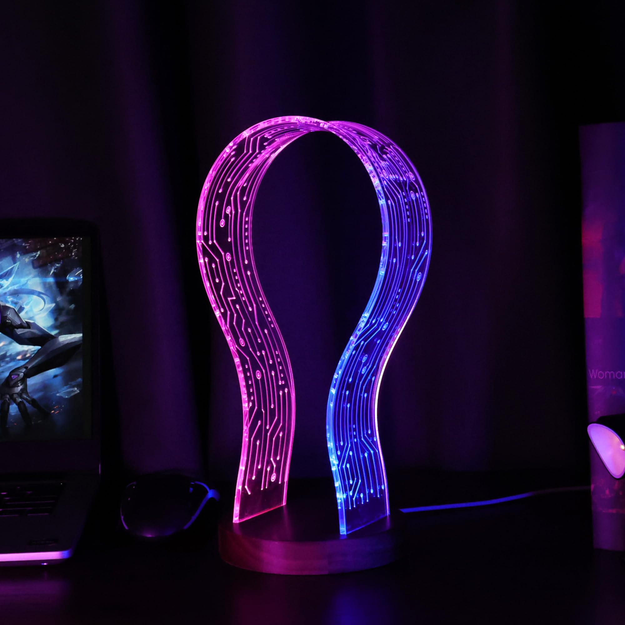 CoolGift Mart Regali per giocatori e amanti della musica, supporto per cuffie luminoso, supporto per cuffie in legno di noce con luce notturna a LED blu e rosa, accessorio da scrivania ideale