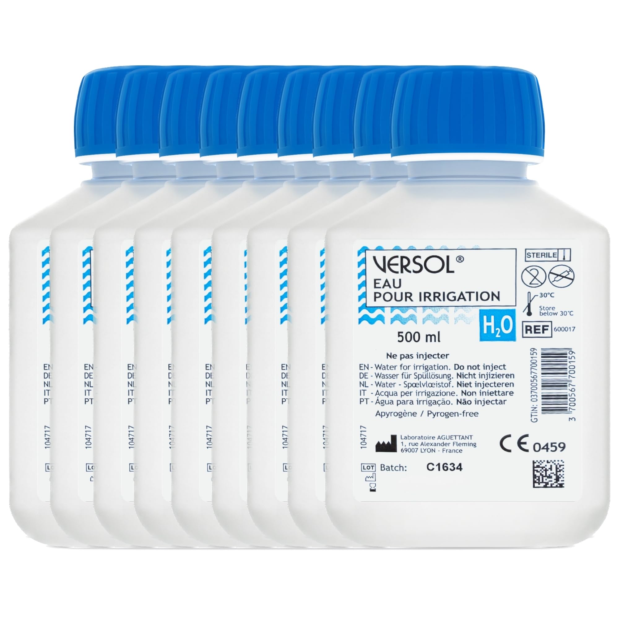 9 X 500 ml - VERSOL Steriles Wasser zur Spülung – Gereinigtes Wasser H₂O – Sterile, pyrogenfreie Lösung zur Wundreinigung, Hautpflege, Kontaktlinsenbehälter-Spülung, tägliche äußere Hygiene
