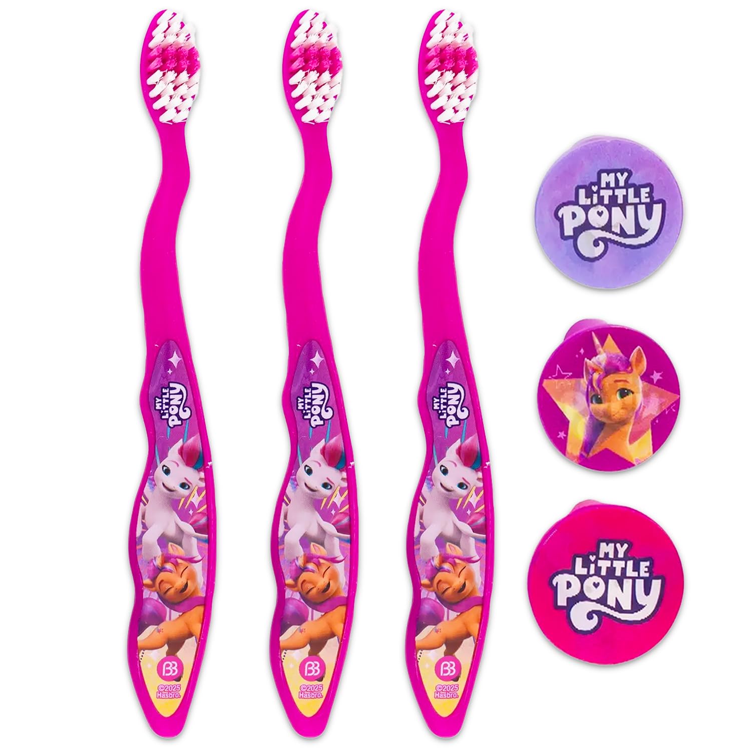 My Little Pony My Little Pony - Set di spazzolini da denti per bambini, con 3 spazzolini da denti MLP con tappi da collezione e adesivi per bambini, ragazze, bambini piccoli