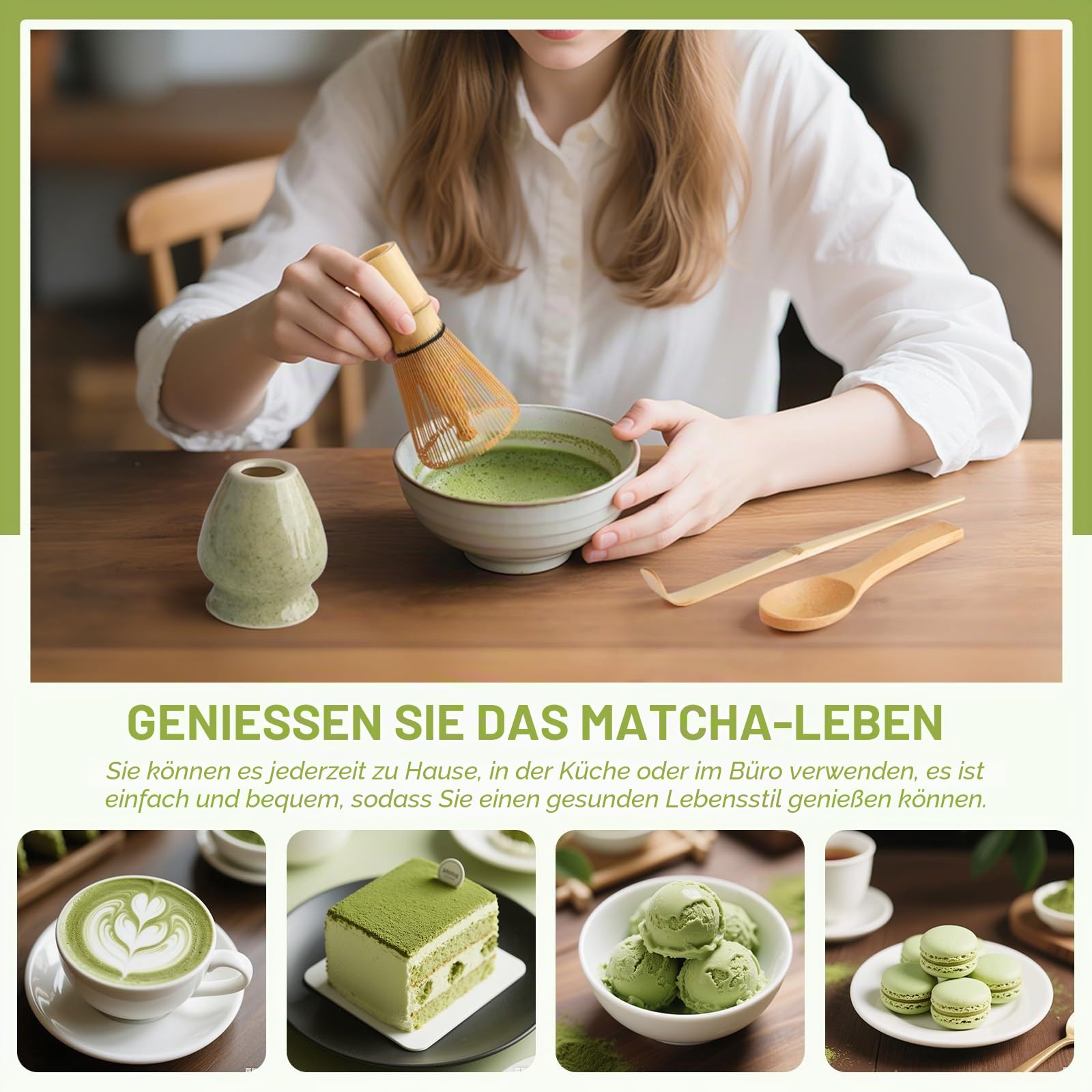 4 Piece Matcha Set, Matcha Broom, Macha Tea Set with Matcha Spoon, Whisk Holder, Matcha Besen, Matcha Zubehör Traditional Japanese Tea Ceremony Best Gift for Matcha Lovers, Grün gesprenkelt