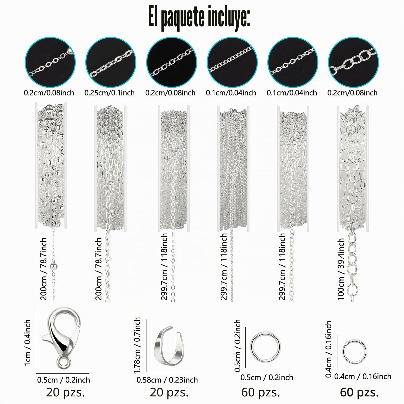 Draupnir 14m 6 Rollos Cadenas Hacer Joyas, Cadena de Collar Plata Kit Cadena Eslabones con Cierres de Langosta, Anillos de Salto y Cierre en Forma de U para Accesorios DIY Hacer Joyas