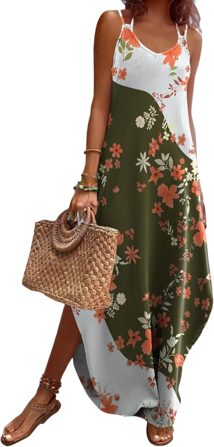 Zeagoo Women’s Casual Sundress Summer Maxi Sleeveless V Neck Split Boho Beach Dress Travel Vacation Dress with Pockets
