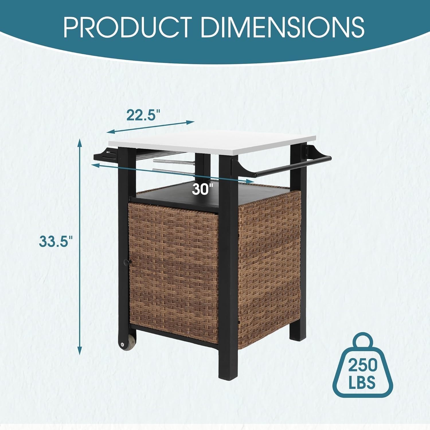30" Grill Cart Outdoor with Wheels, Outdoor Prep Table with Wicker Storage and Rolling Wheels, Samll Kitchen Island Serving Cart with Stainless Steel Table Top for BBQ, Porch, Patio, Brown
