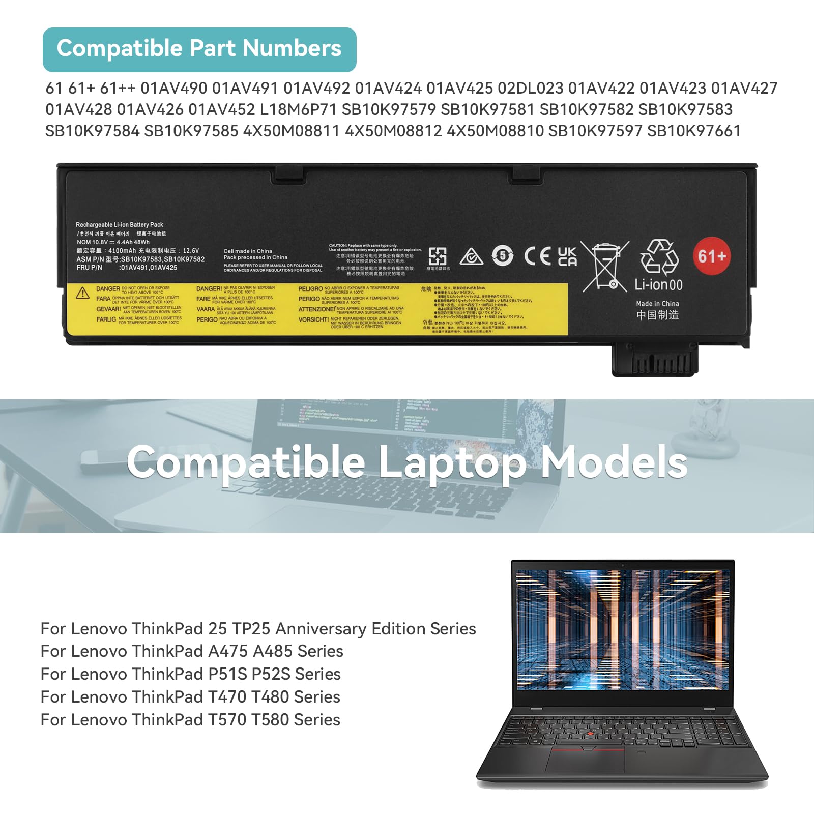 48Wh 61 01AV425 Laptop Battery for ThinkPad A475 A485 TP25 P51S P52S