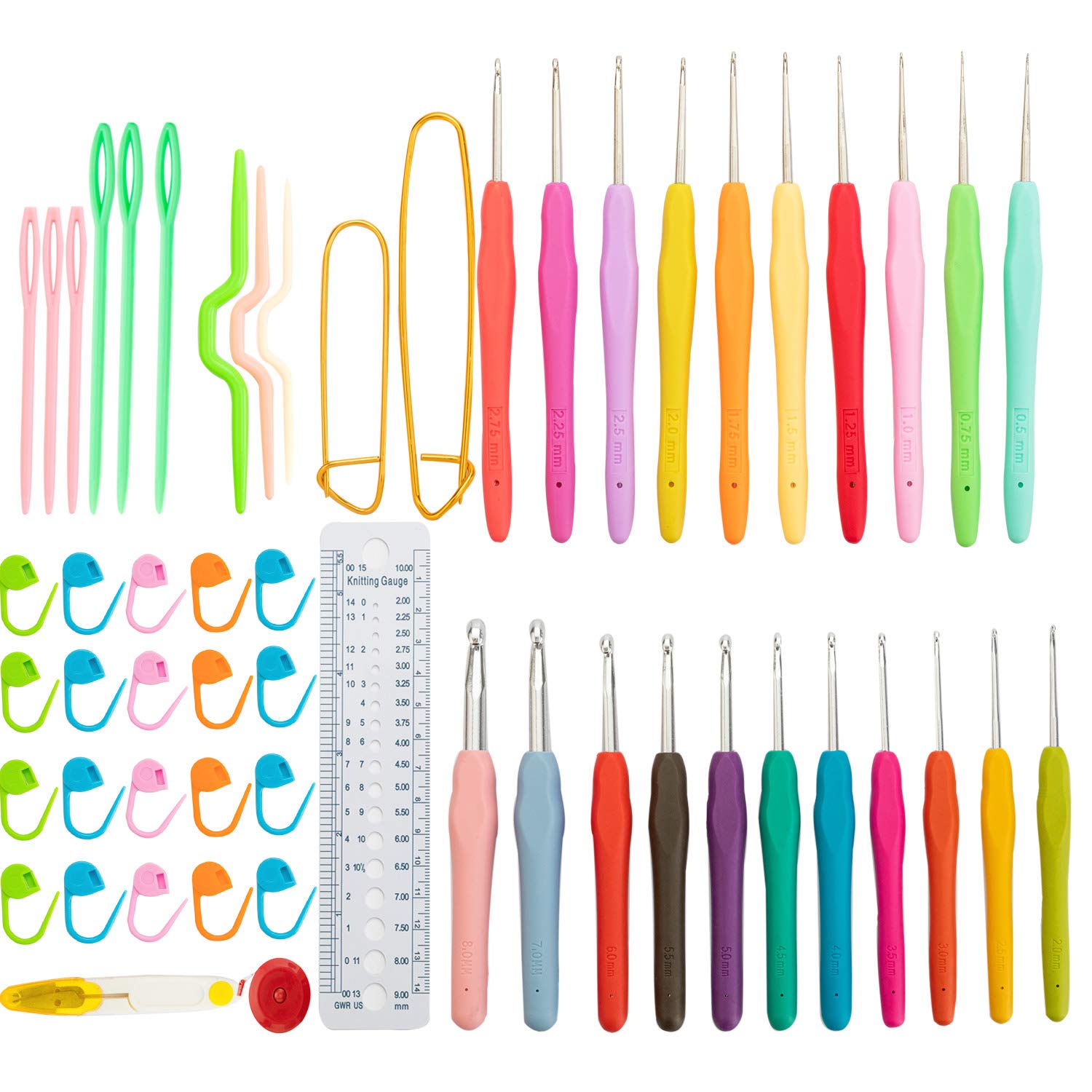 Ryhiac Juego de 56 agujas ergonómicas de ganchillo de tamaño completo de 0,5 mm a 8 mm, agujas de tejer con bolsa de almacenamiento y accesorios para manos artríticas, principiantes y experimentados
