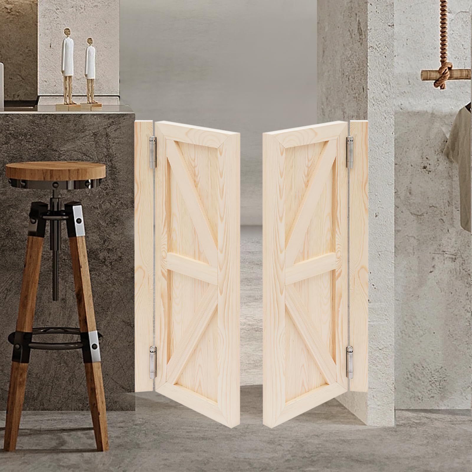 Puerta batiente, puerta oscilante, puerta oscilante de madera, puertas de madera para interiores, puerta corredera, puerta doble de madera de pino con patrón simétrico, adecuada para entrada, cocina