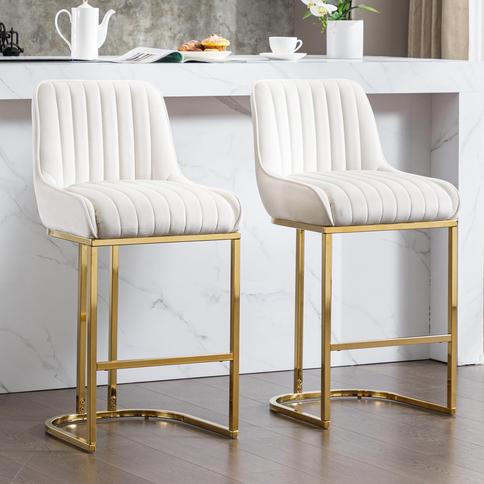 Ya-Home Set of 2 Velvet Bar Stools Kitchen High Chairs Without Armrests, Modern Bar Chairs Counter High Stools with Gold Legs for Kitchen Island/Restaurant, White