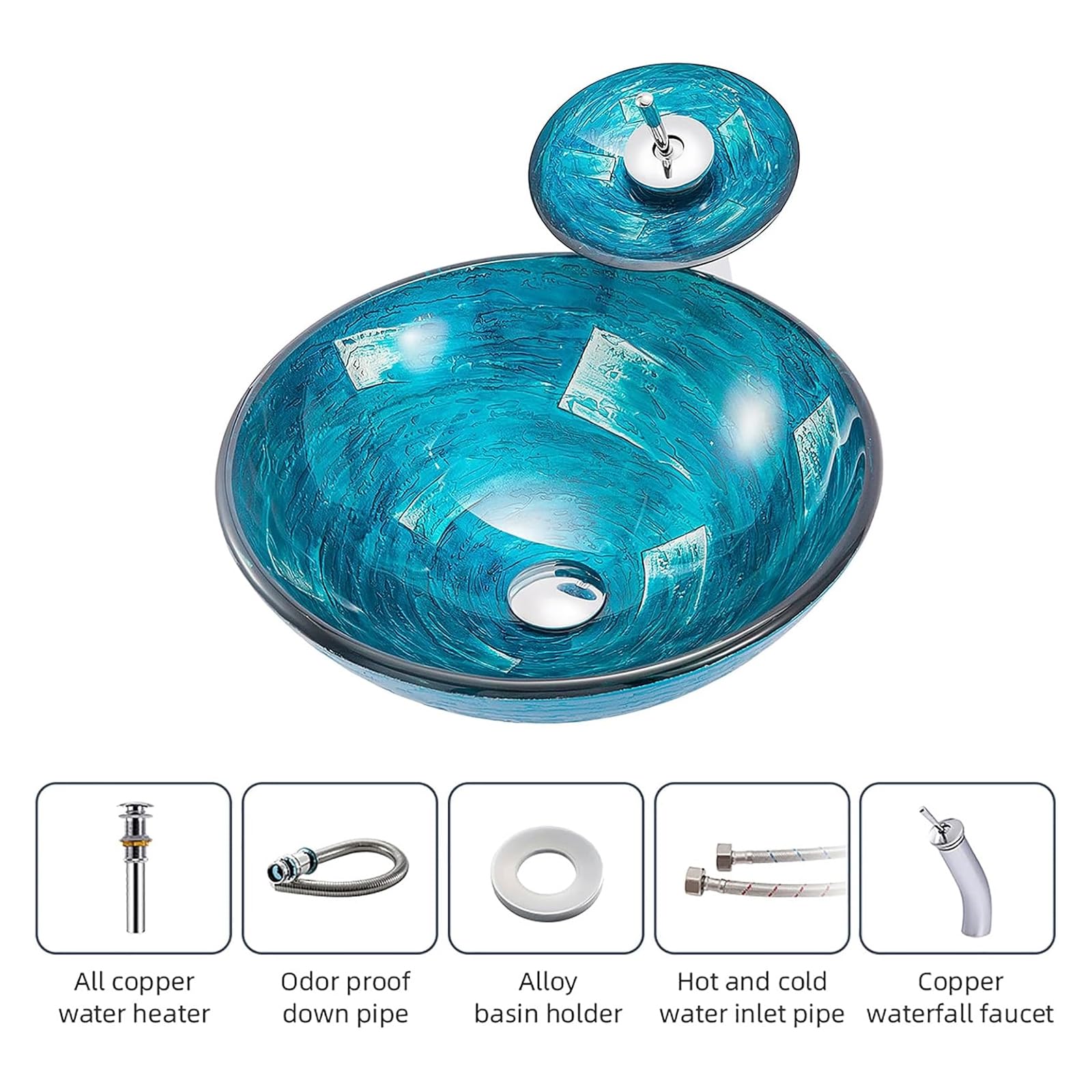 Lavandino da appoggio per Il Bagno, lavabo da appoggio Rotondo in Vetro temperato, lavabo da appoggio Blu, lavabo da appoggio Artistico con Scarico a Scomparsa