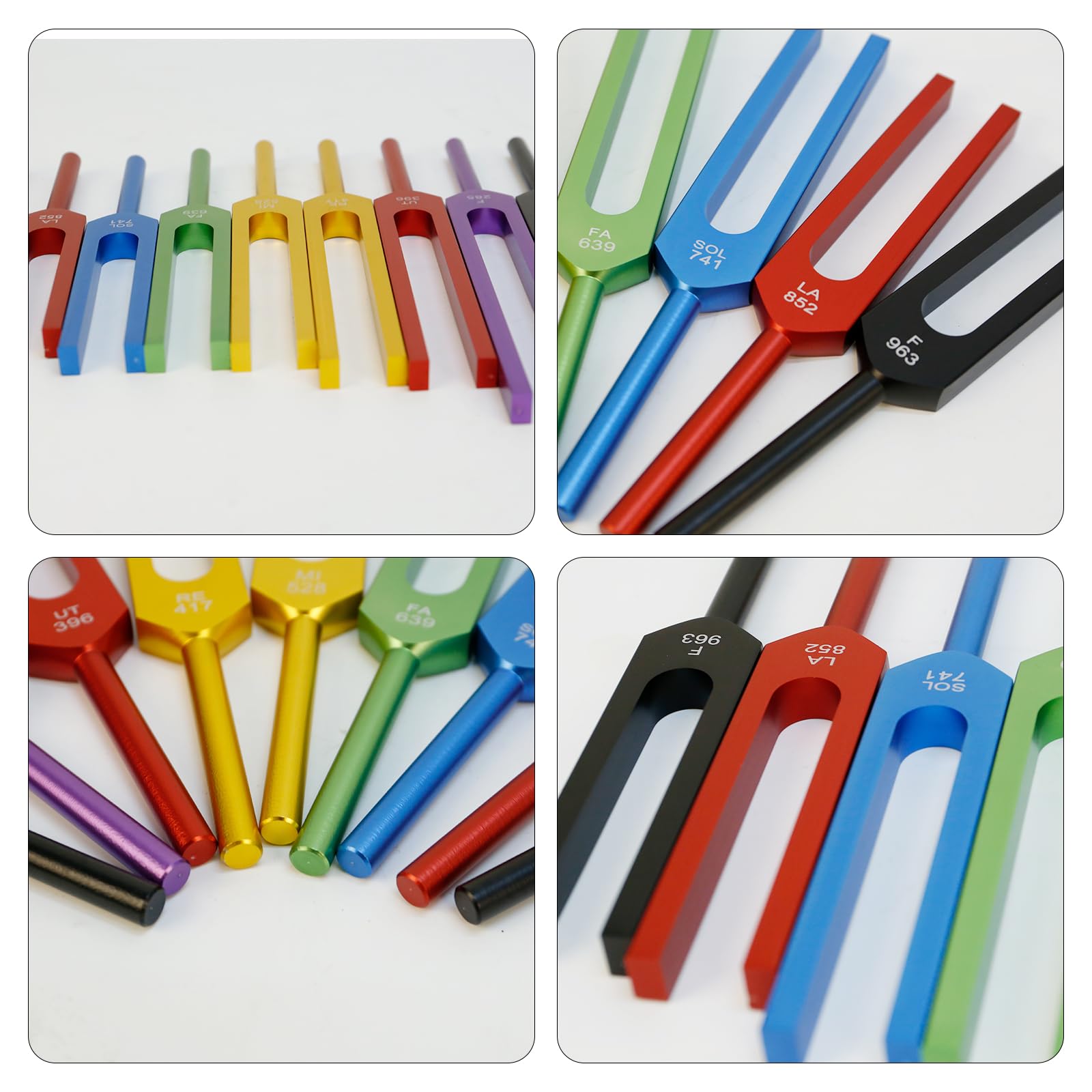 Diapasón Solfeggio, Set de 9 Diapasones de Colores en Aleación de Aluminio con 2 Martillos de Silicona, para Yoga y Relajación (174 Hz, 285 Hz, 396 Hz, 417 Hz, 528 Hz, 639 Hz, 741 Hz, 852 Hz, 963 Hz)