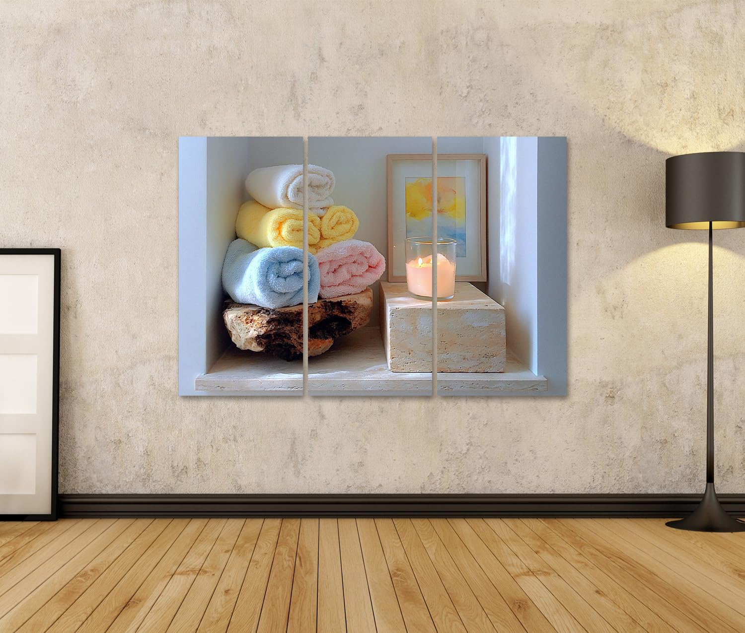 islandburner Cuadro sobre lienzo relajante spa oasis mural para cuarto de baño, decoración para momentos de bienestar, 3 piezas