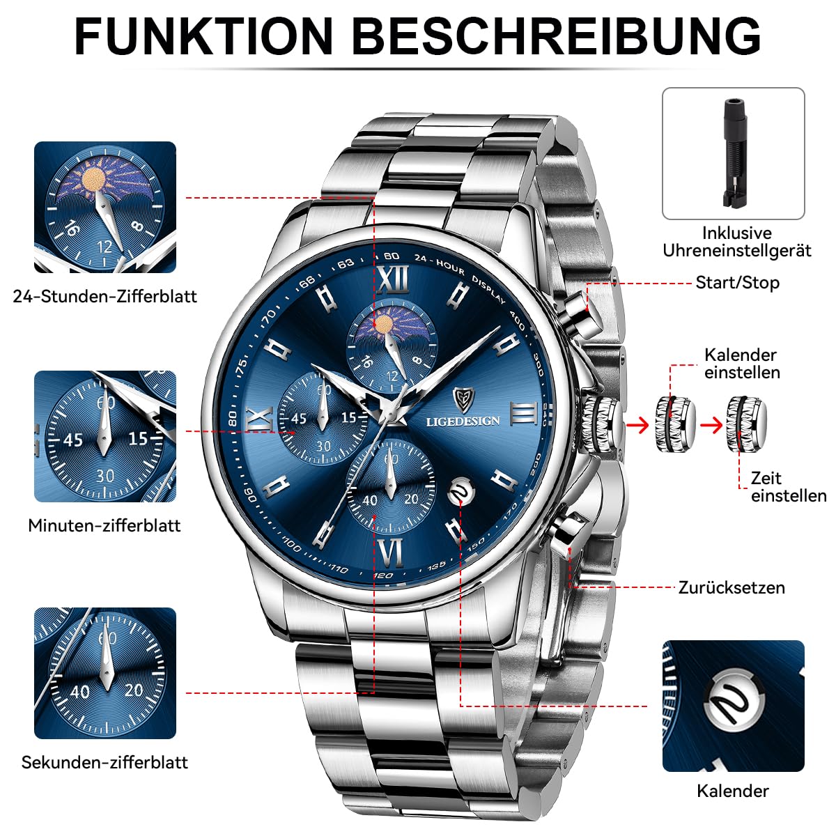 LIGE Herrenuhr Analog Quarz Chronograph - Klassische Armbanduhr Mondphase