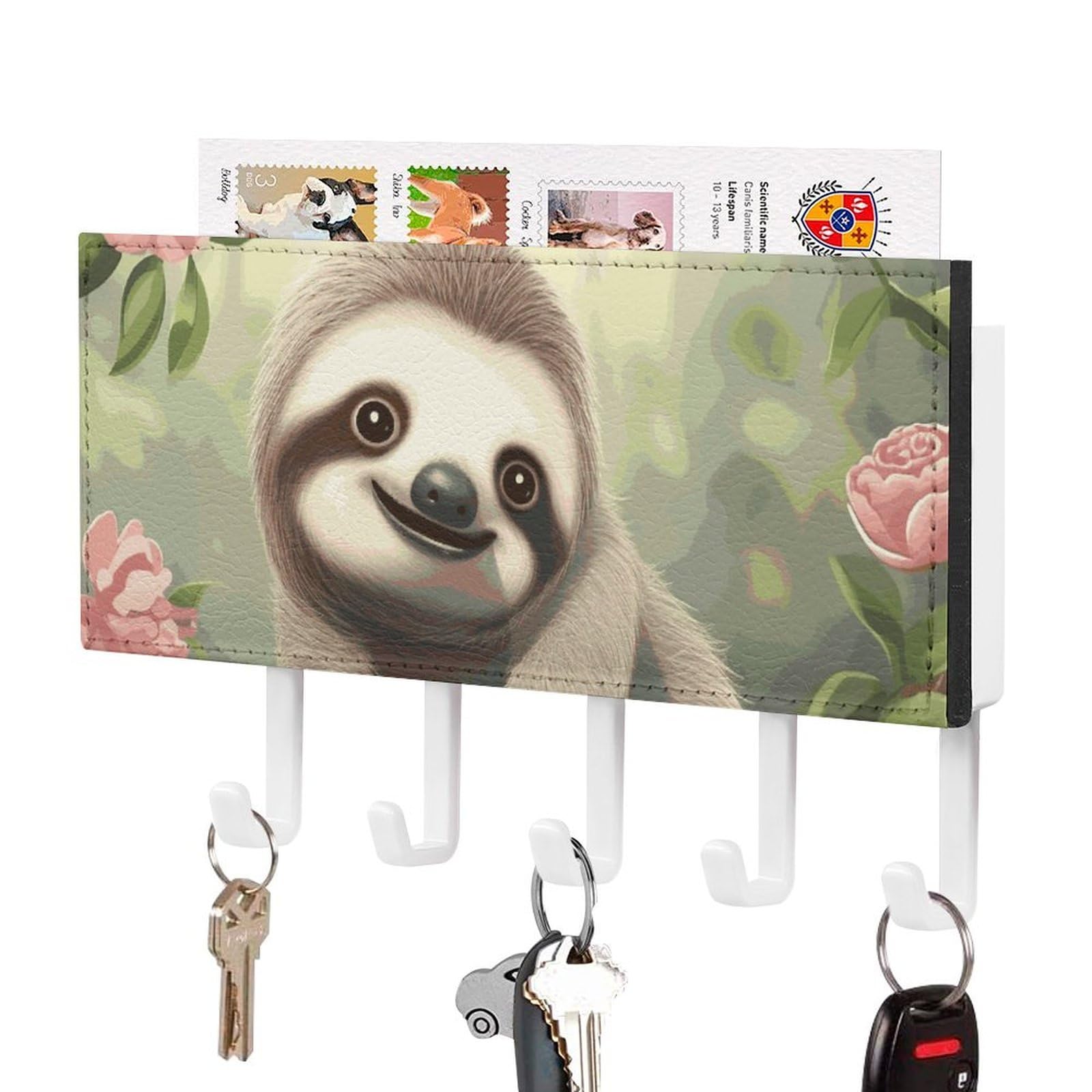 JTREHY Cute Baby Sloth Holder Wall-Mounted Key and Mail Holder,Key Rack with 5Keys Hooks, Easy to Install Mail Organizer for Entryway, Front Door, Hallway, Office