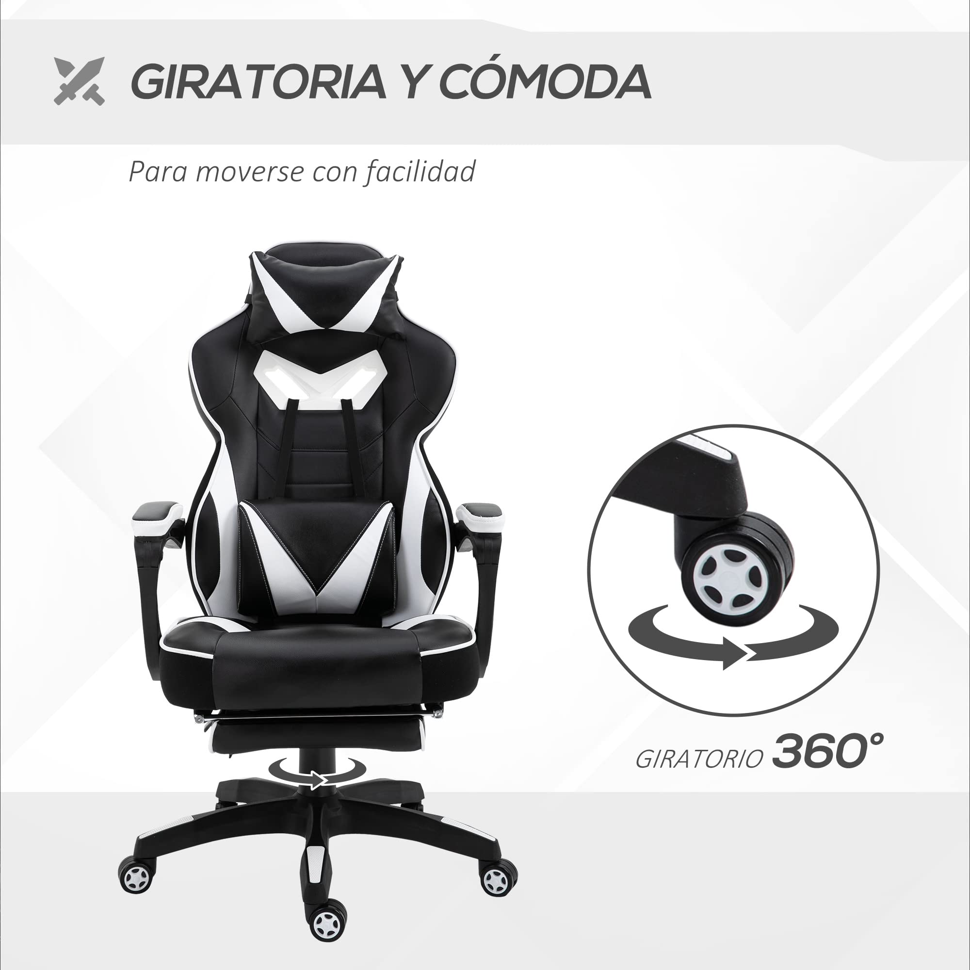Vinsetto Silla Gaming Regulable en Altura 65x70x118,5-128,5 cm Blanco | Ergonómica, Silla de Escritorio de Oficina, Respaldo Reclinable, Reposapiés, Reposacabezas, Cojín Lumbar, Ruedas