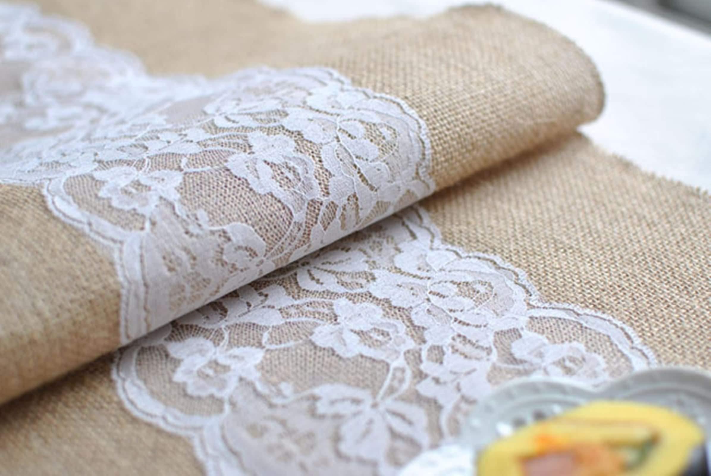 Bieżnik lniany jutowy, bieżnik na stół 30 x 275 cm khaki biały prosty jednolity kolor z koronką Święto Dziękczynienia bieżnik dekoracja