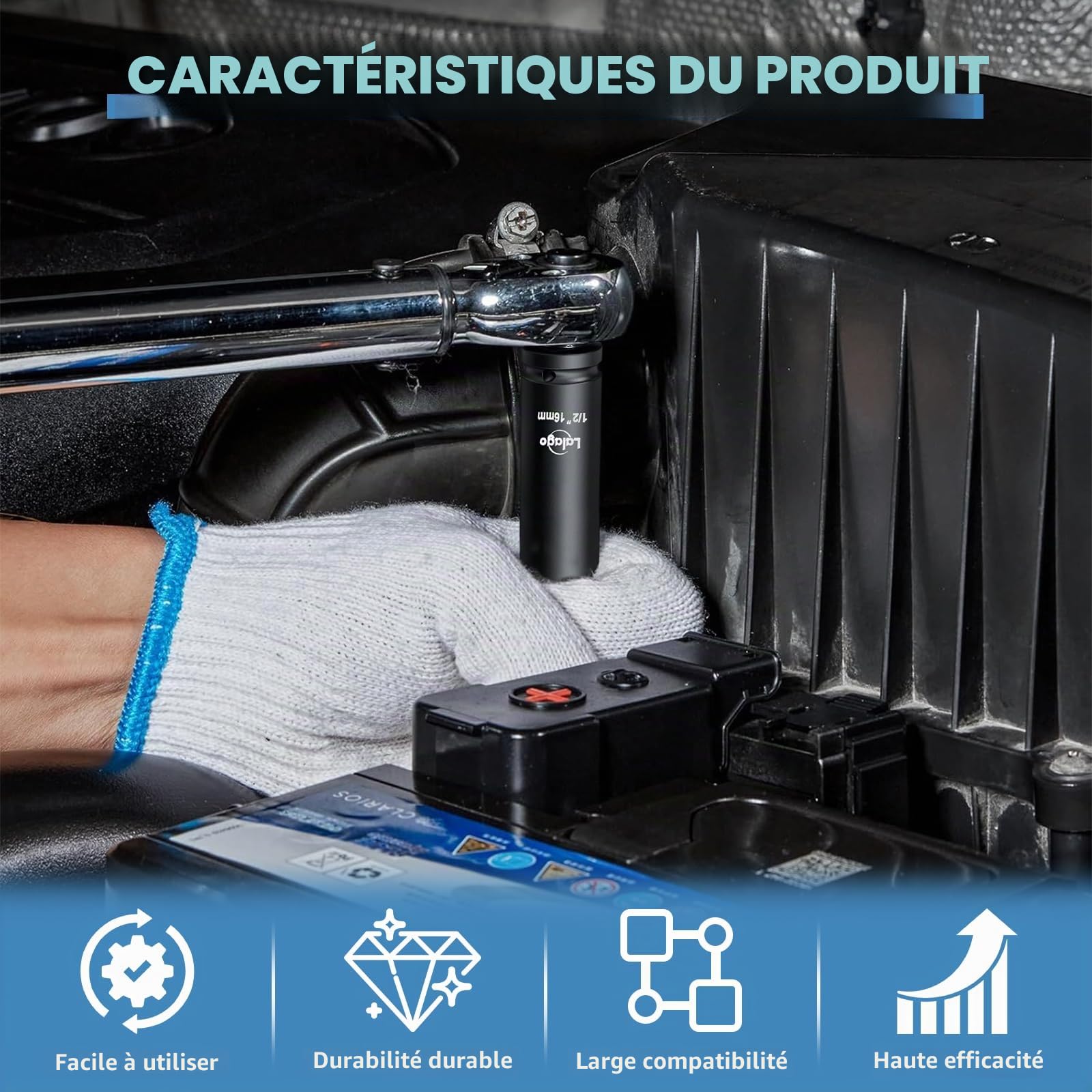 LALAGO 17 Pièces Douilles à Chocs 1/2" 10-32 mm, Coffret de Douille Longue Hexagonales CR-V, Clés à Douille avec Adaptateur 3/8'' à 1/2'', Douilles Métriques 6 Points pour Pneumatiques et Électriques