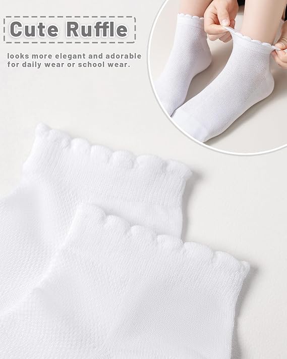 Funjoon Girls White Ruffle Socks School Uniform Kids Cotton Ankle Dress