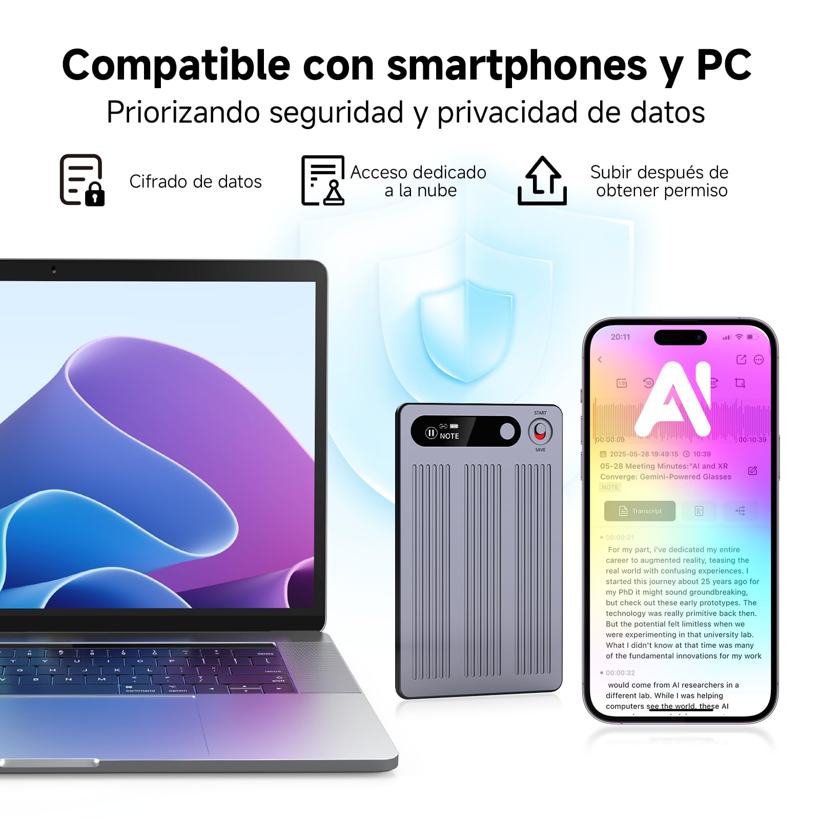 Grabadora de Voz IA, Transcribe y Resume con tecnología de IA, Negro