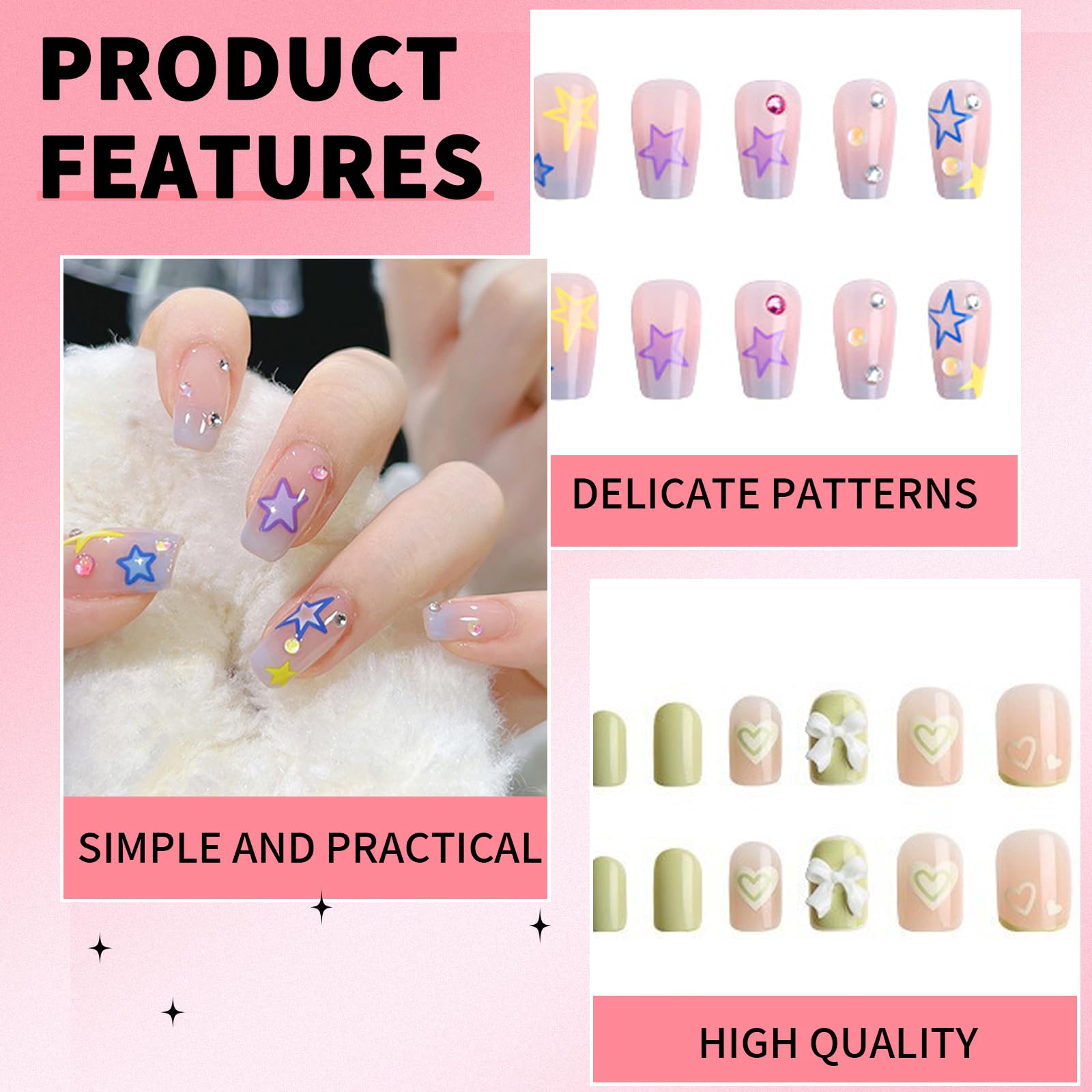 ExcellaElite 48 Pcs Kids Stick on Nails Sets for Girls Cute Full Cover Glitte Kids Press on Nails with Tools for Lovely Gift Art Decoration - Image 3