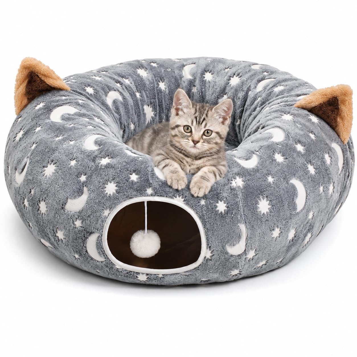 Tubo de cama de túnel para gatos con cojín y bola de peluche, juego de juguete arrugado, tela de franela autoluminosa, 3 pies para gatos grandes, gatitos, cachorros, pequeños, gris, estrella