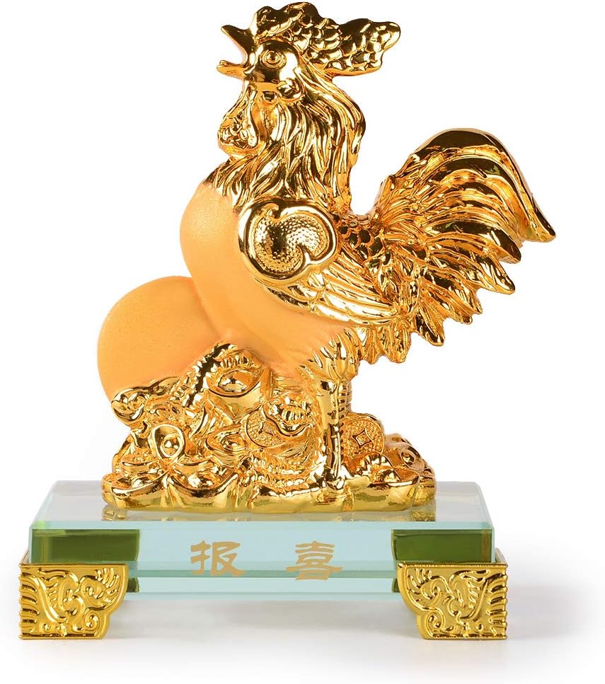 BRASSTAR Golden Resin Feng Shui Statue Rooster/Cock/Chicken Glass Base Chinese Zodiac Home Office Table Top Decor Figurine Gift Collection PTZY109