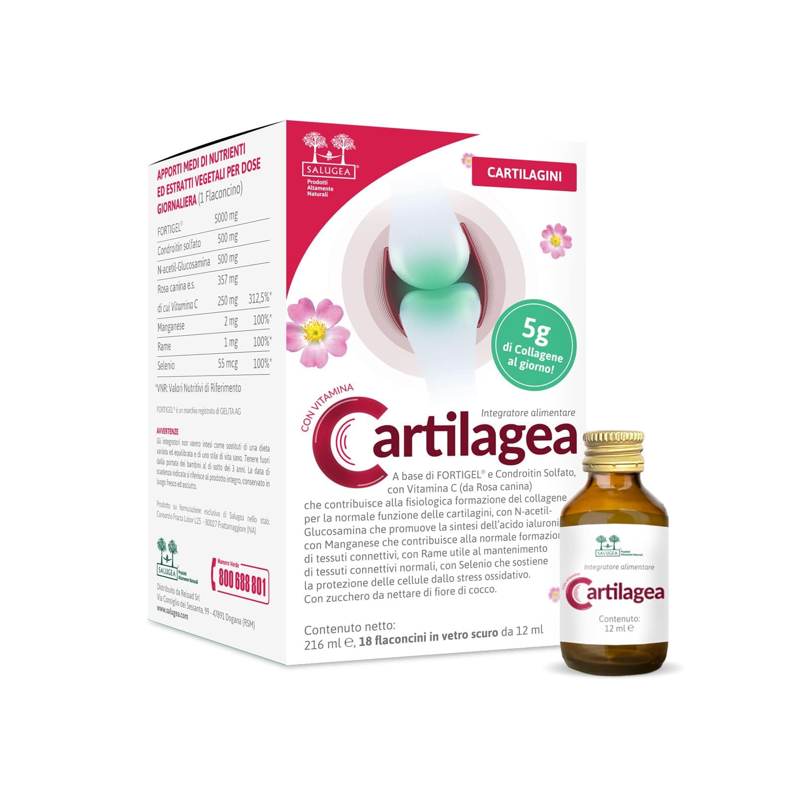 CARTILAGEA Salugea - Integratore 100% Naturale per il Benessere delle Cartilagini - con Collagene idrolizzato, Glucosamina, Condroitina, Rosa Canina (Vit. C), Manganese, Rame e Selenio - 18 flaconcini