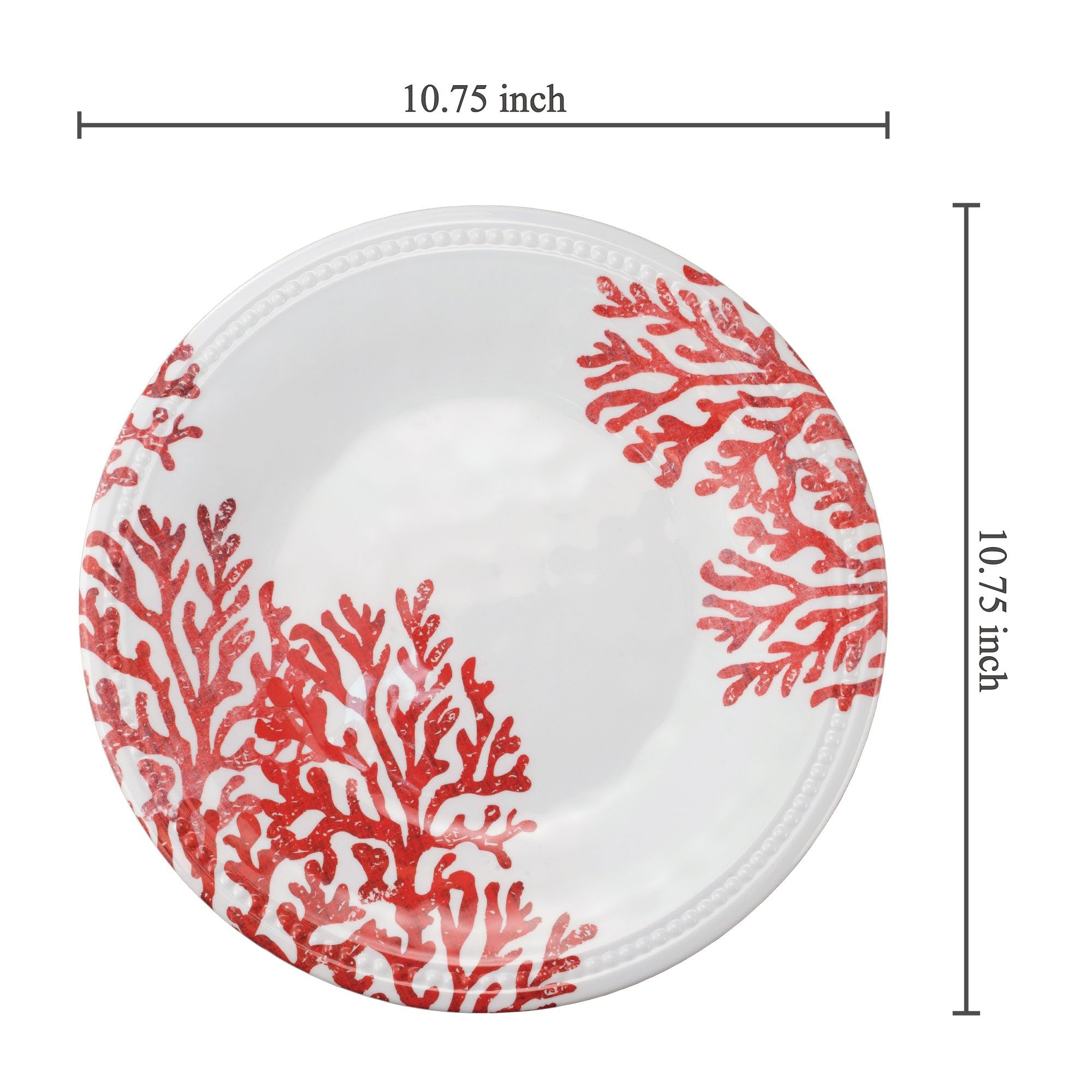 UP ware - Juego de platos de melamina de coral rojo, platos redondos con borde de cuentas para plato principal, pasta y ensalada, sin BPA, apto para lavavajillas, rojo, 10.75 pulgadas, juego de 6