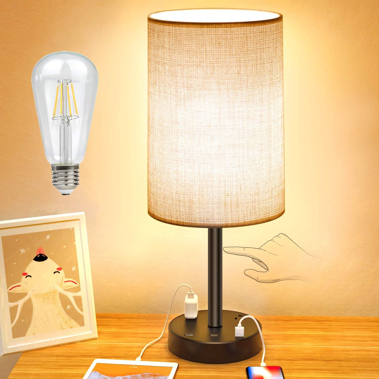USB Table Lamp,Touch Control Desk Lamp with 3 USB Charging Ports & 2 AC Outlet,3 Level Brightness,7Ft Power Cord,Bedside Lamp with USB Charging Station for Home Bedroom Dorm Office (LED Bulb Included)