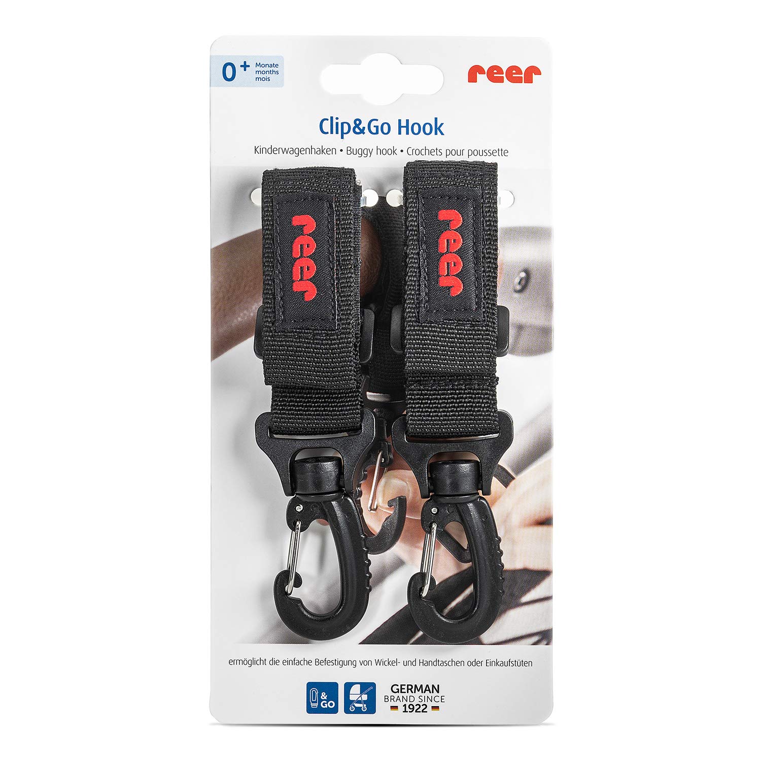 reer Haki do wózka dziecięcego Clip&Go Hook do łatwego mocowania toreb, czarne, 84101