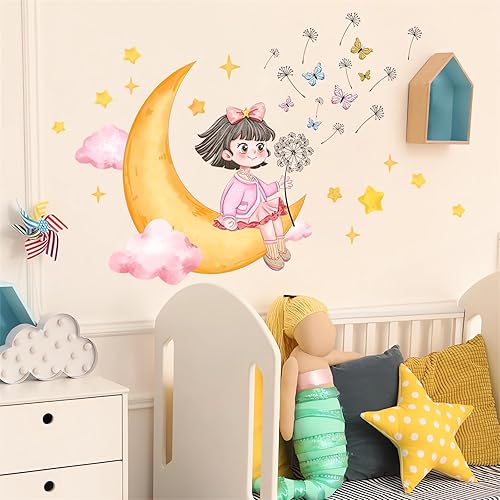 Miniatura 1 de Calcomanías de pared de mariposa con diseño de diente de león y estrellas de luna encantadoras, sacinora Art, calcomanías de vinilo removibles para