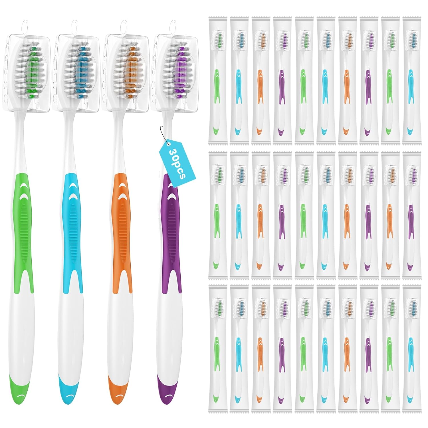 30 Pack Bulk Toothbrushes with Covers Individually Wrapped Tooth Brush Pack for Adults Kids Disposable Toothbrush Medium Soft