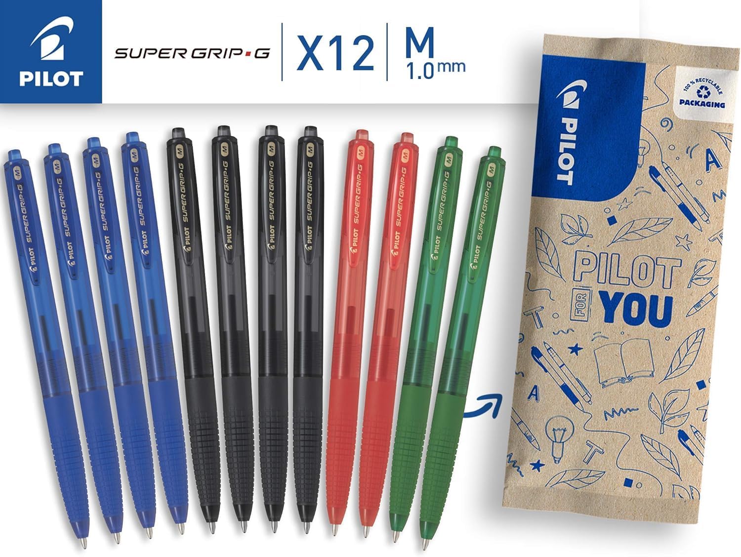 PILOT Set di 12 Penne a sfera Super Grip G Ricaricabile a scatto Punta Media Blu Nero Rosso Verde