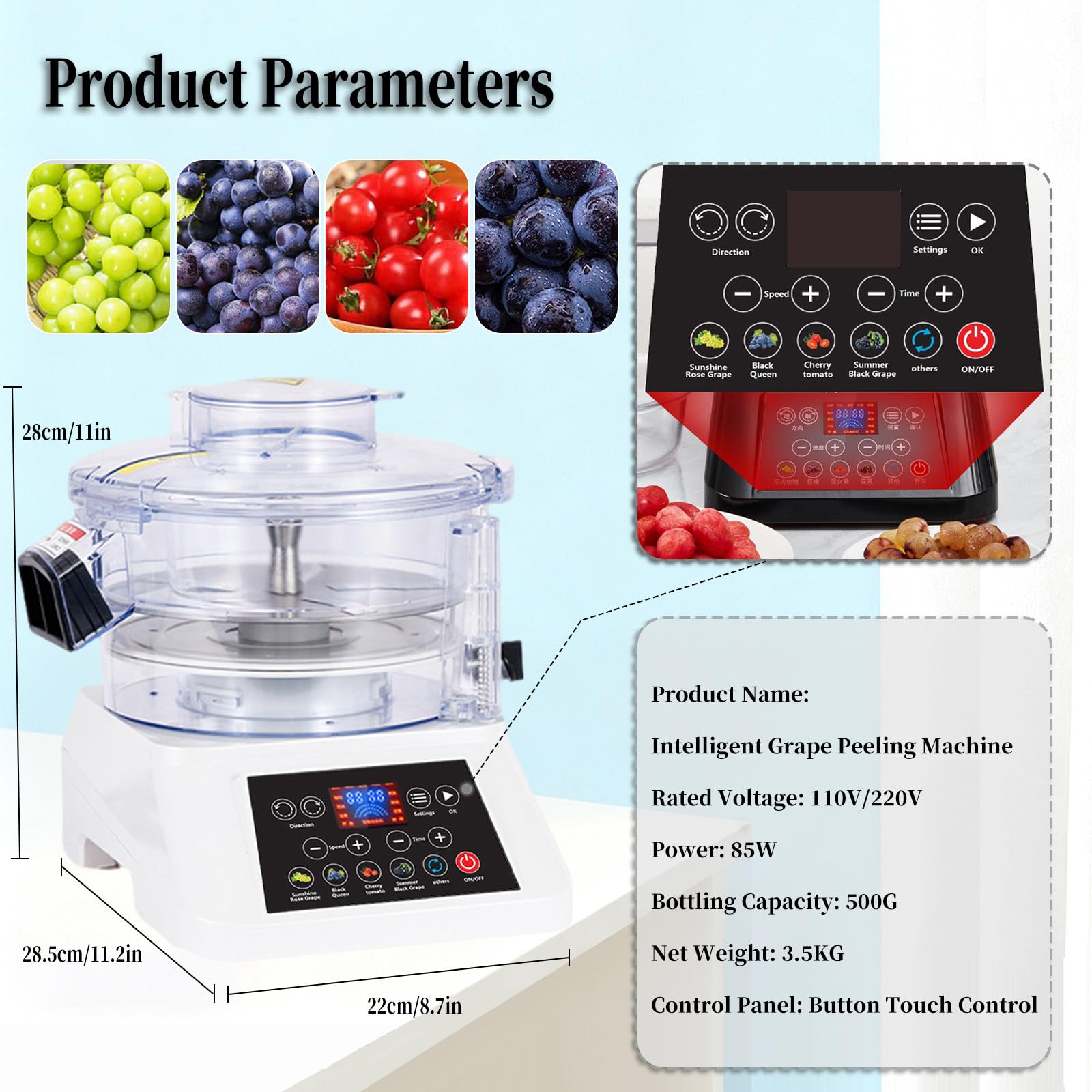 Pelador de Uvas Profesional, pelador automático de Verduras, pelador de Uvas para pastelerías, ajustes preestablecidos de pelado Personalizables, Apto para Uvas, Tomates Cherry White