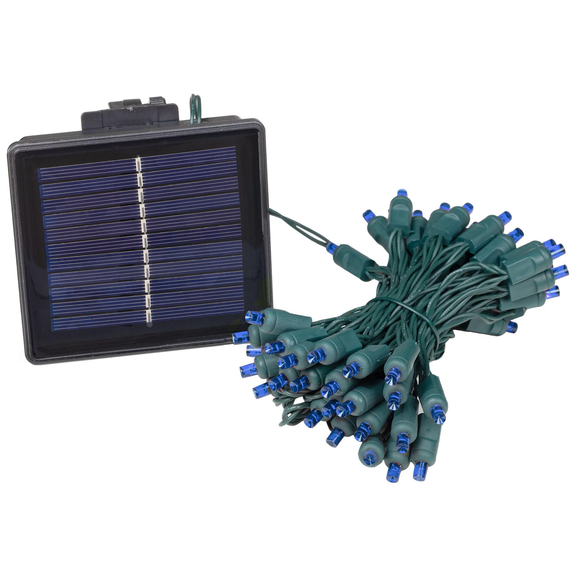 Novelty Lights 50 świateł zasilanych energią słoneczną LED zewnętrzny mini łańcuch świetlny, 30 m na zielonym drucie, niebieskie żarówki 5 mm, automatyczna obsługa od zmierzchu do świtu
