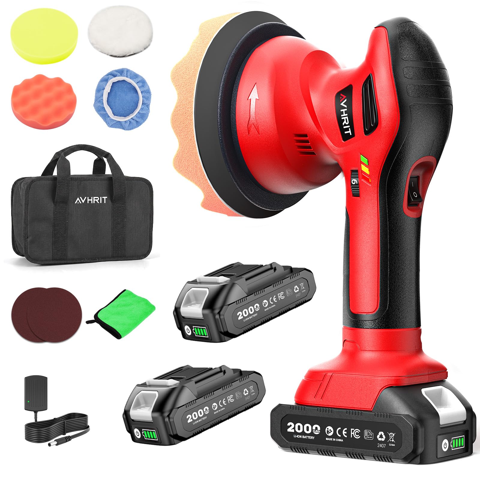 Cordless Buffer Poliermaschine Auto Akku, 2x2000mAh Batterie (Bis zu 6000 U/min) Poliermaschine Auto, 6'' Autopolierer, 8 mm Exzenter-Poliermaschine für Auto-und Bootspflege, Polieren Wachsen