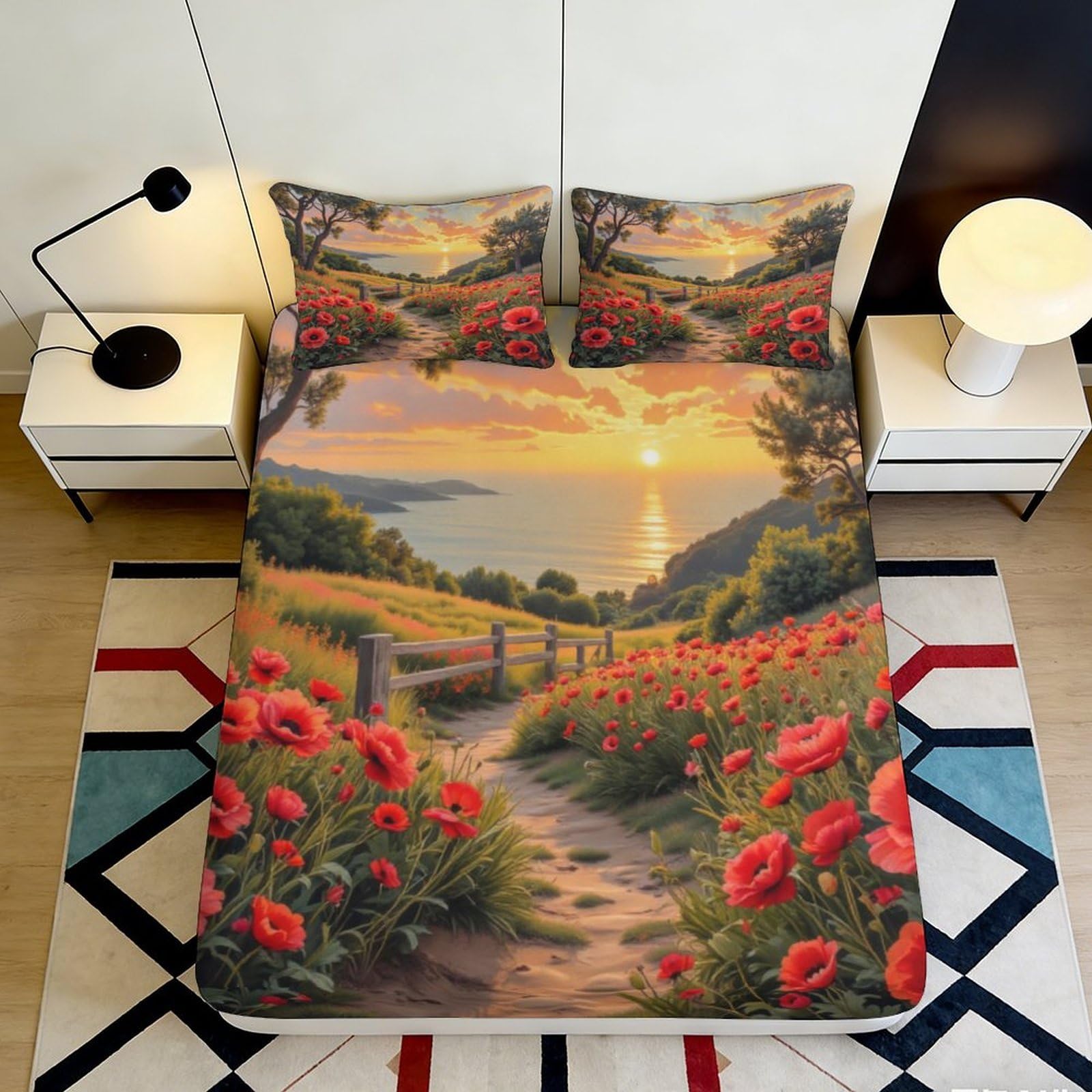 3D Printed Sunset Poppy Field Fitted Sheet Microfiber Soft Breathable Coastal Landscape Bed Cover for Bedroom Dormitory Guest Room Mattress Protection 180x200x25cm