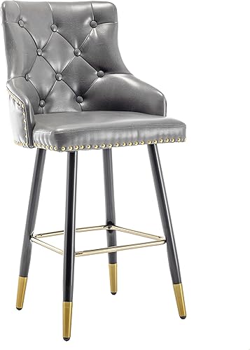 Miniatura 5 de BTEXPERT Juego de 2 sillas de bar tapizadas de alta calidad para comedor de 26 pulgadas con respaldo alto, cuero sintético gris, borde de cabeza de