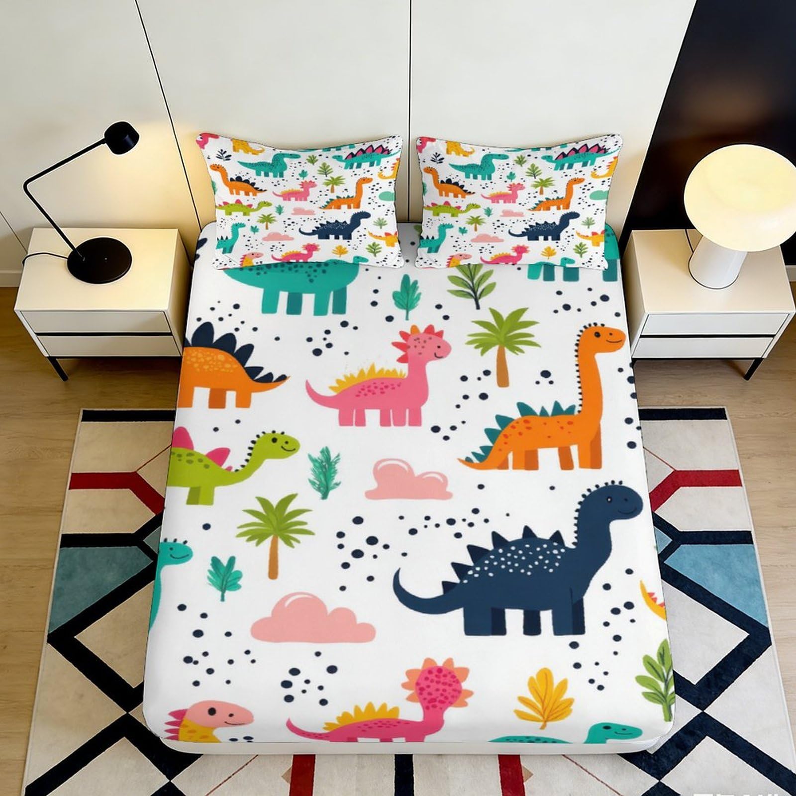 3D Printed Cartoon Dinosaur Fitted Sheet Microfiber Soft Colourful Animal Mattress Cover Bedroom Kids Teens Decoration 120x200cm 180x200x25cm