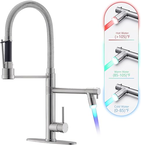 GIMILI Grifo de cocina con rociador extraíble, grifo de cocina comercial con LED de doble cabezal de una sola manija de resorte de acero inoxidable