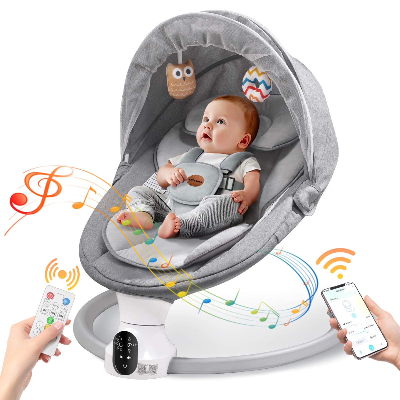 Baby Swings for Infants - Exclusive App & Bluetooth Function, Electric Baby Swing with 5 Point Harness & 5 Sway Speeds, 10 Preset Lullabies, Portable Infant Swing for Indoor/Outdoor (Light Gray)