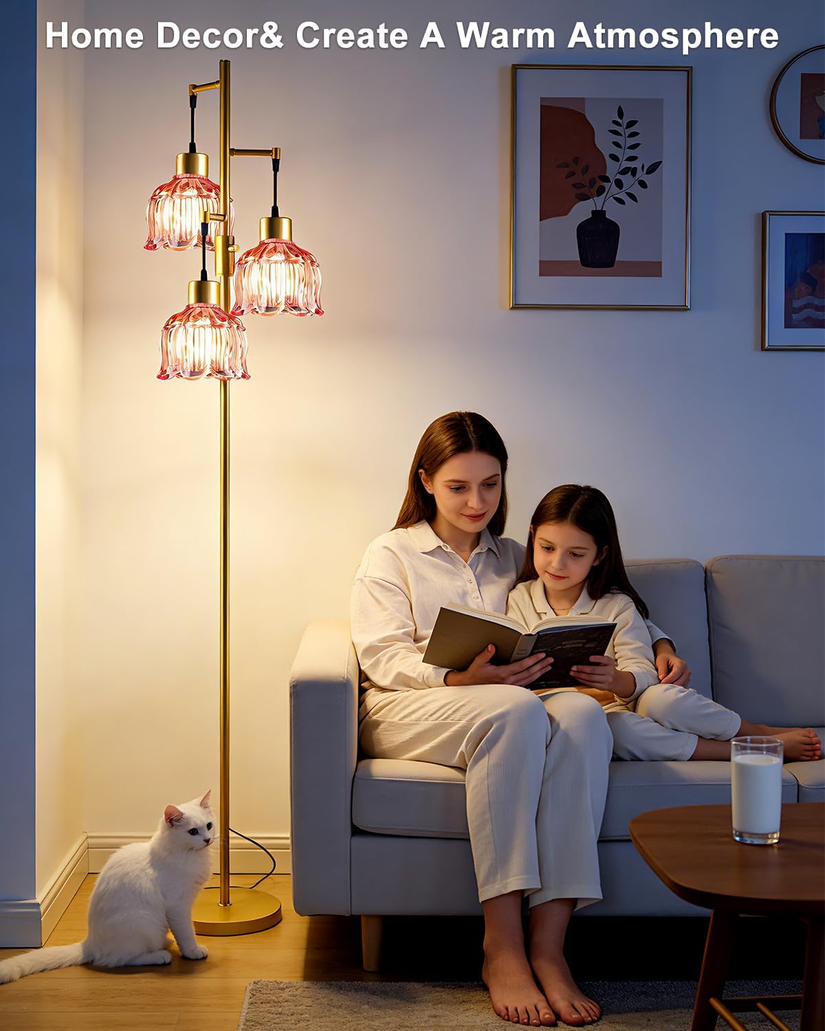 Lightdot 3-Light Flower Floor Lamps, 65'' Dimmable Floor Lamp with Rose Red Glass Shade& E12 Bulbs Included, Mid Century Standing Lamp for Living Room/Bedroom/Sofa Beside/Corner Decor-Gold