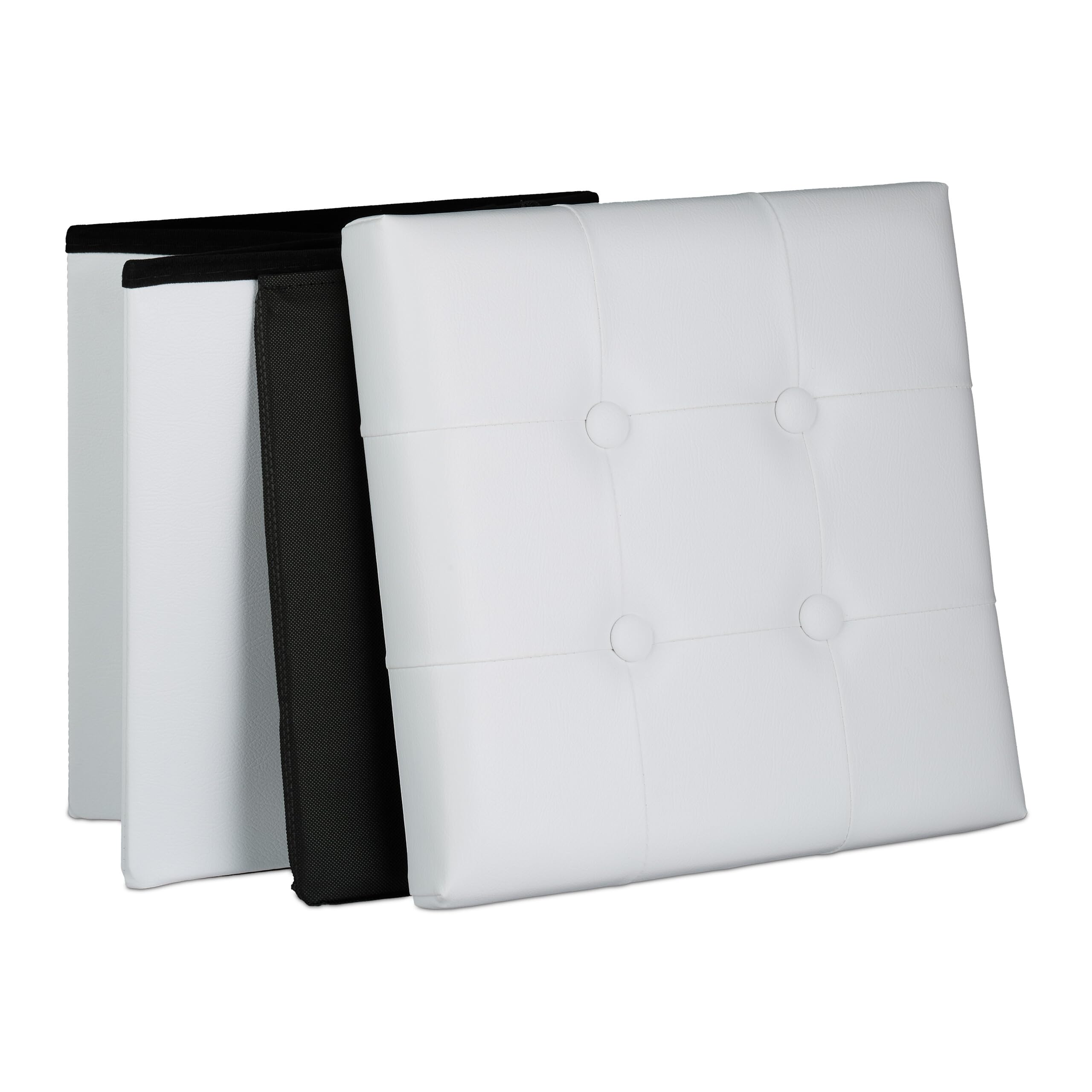 Relaxdays Pouf Contenitore, Sgabello Pieghevole Pelle Finta, Poggiapiedi Imbottito con Coperchio, HLP 39x37x37cm, Bianco