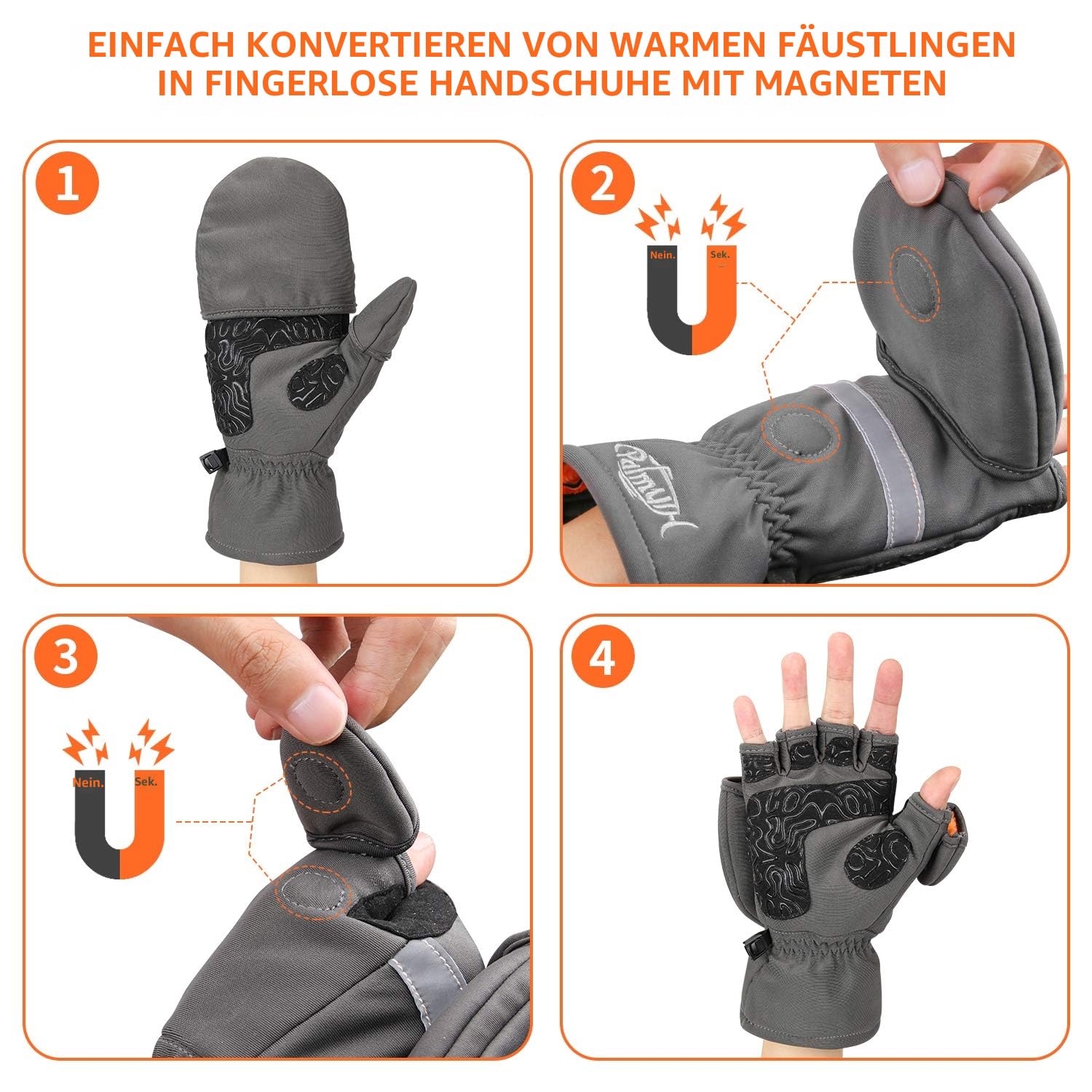 Palmyth Eisfischhandschuhe, umwandelbare Fäustlinge, Flip-Fingerless-Fäustlinge mit 3M, warm für kaltes Wetter und Winter für Männer und Frauen