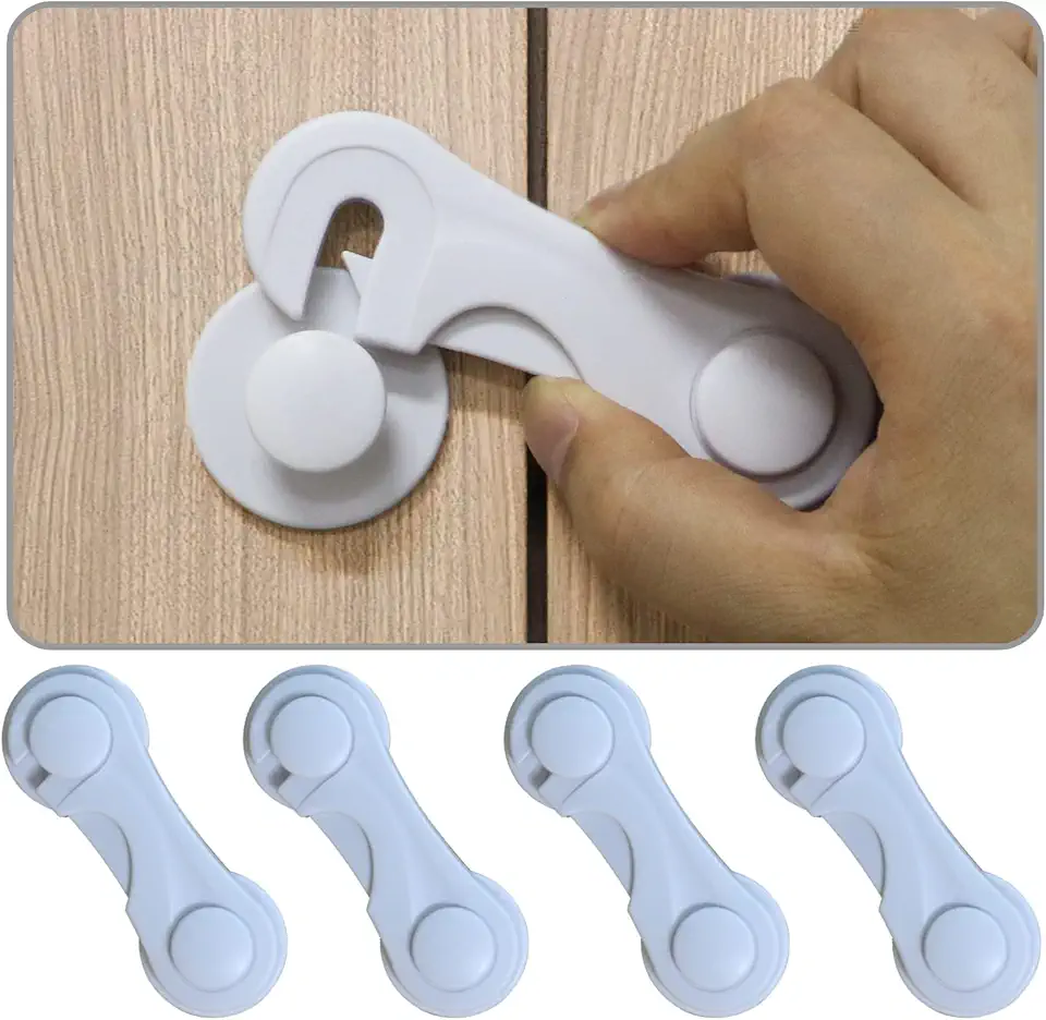 Cabinet Door Locks for Baby Proofing and Child Safety, 4 Pack Childproof Cabinet Locks with Adhesive for Drawer Cupboards Fridge Closet and Pantry, Child Proof Latch for Protecting Kids (White-4PCS)