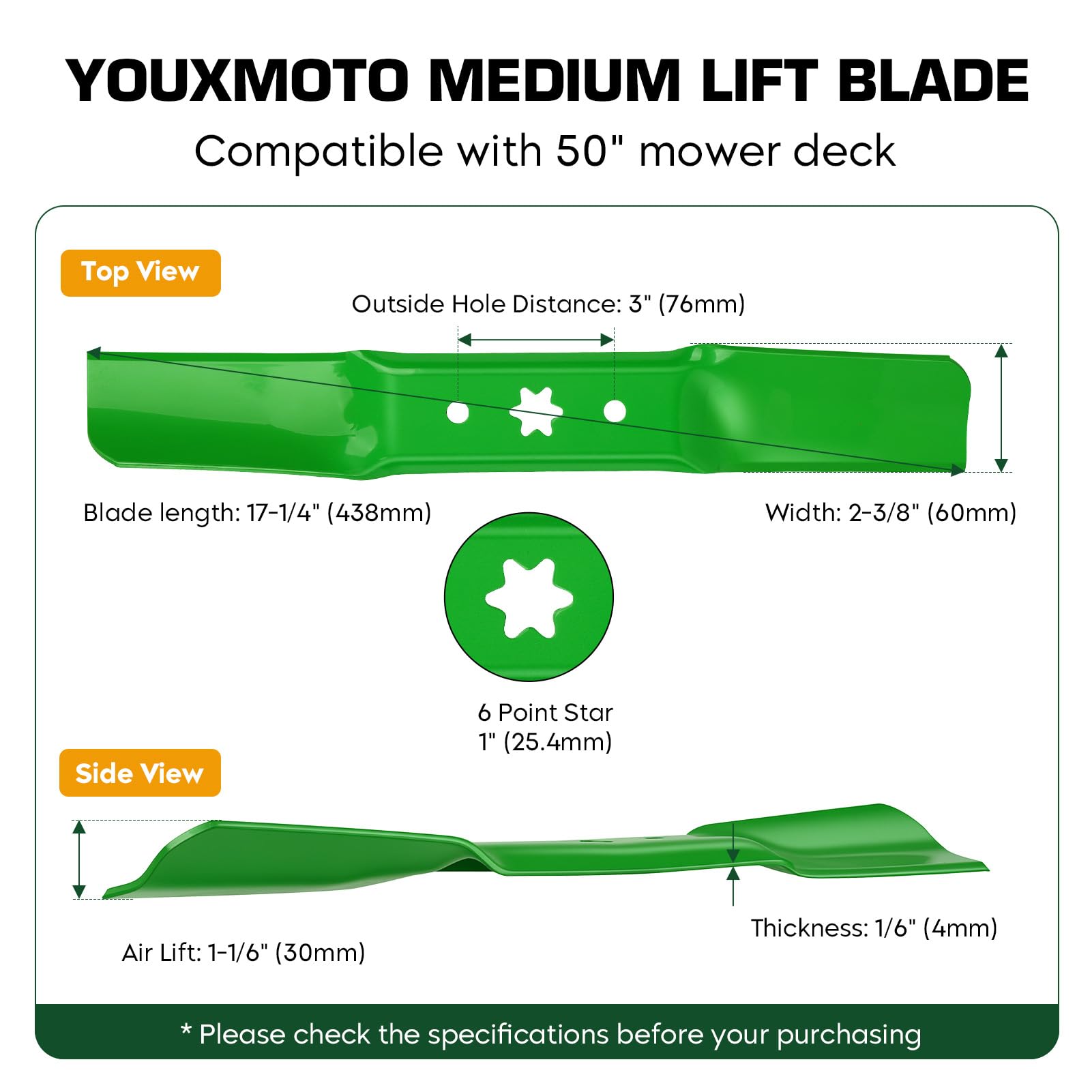Youxmoto Cuchilla de cortacésped 942-05052A para MTD G8200 G8300 ZS6700 Z550 T260 CYT5023SE M155-34 RZT34 ZT-L50 KH, para Cub Cadet RZT, para Troy Bilt Super Bronco 50 Hye. dro, Mustang XP 50 FAB,