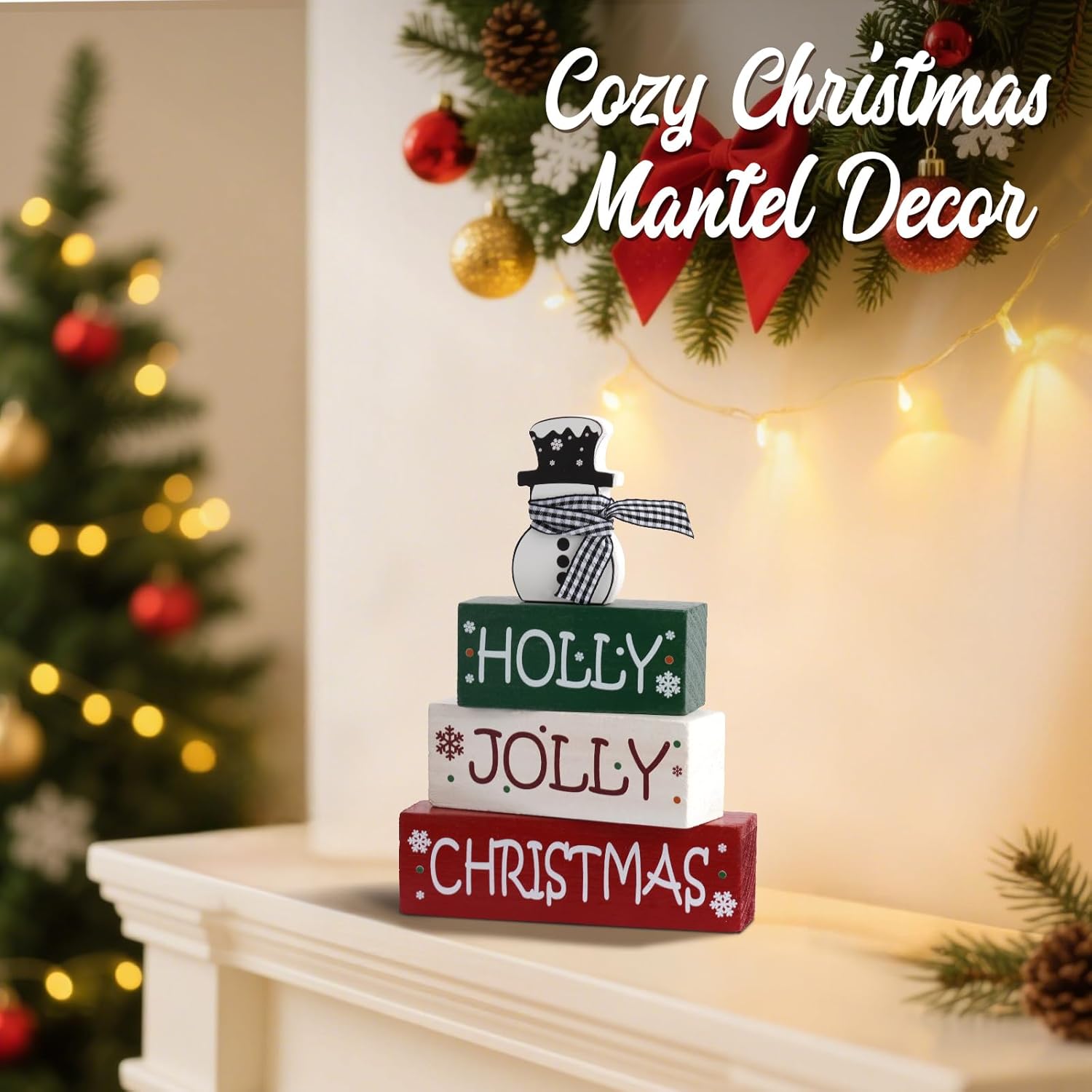 Christmas Table Decorations, Snowman Christmas Wooden Tiered Tray Decor, Farmhouse Holiday Tabletop Decor for Kitchen, Shelf, Mantel, Fireplace, Office, Gift Exchange - Image 3