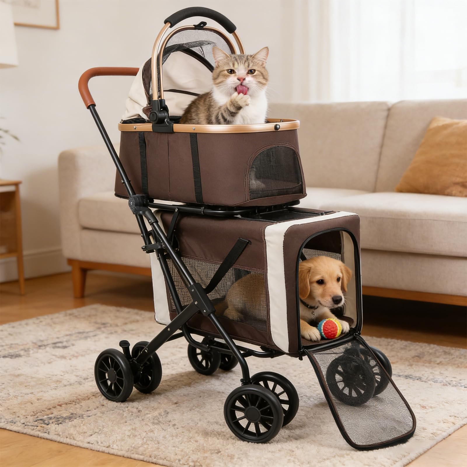 Homewell Passeggino per cani 2 in 1, passeggino per animali domestici a doppio piano, passeggino per cani di piccola taglia, passeggino per animali domestici con finestre a rete, fino a 40 kg (caffè)