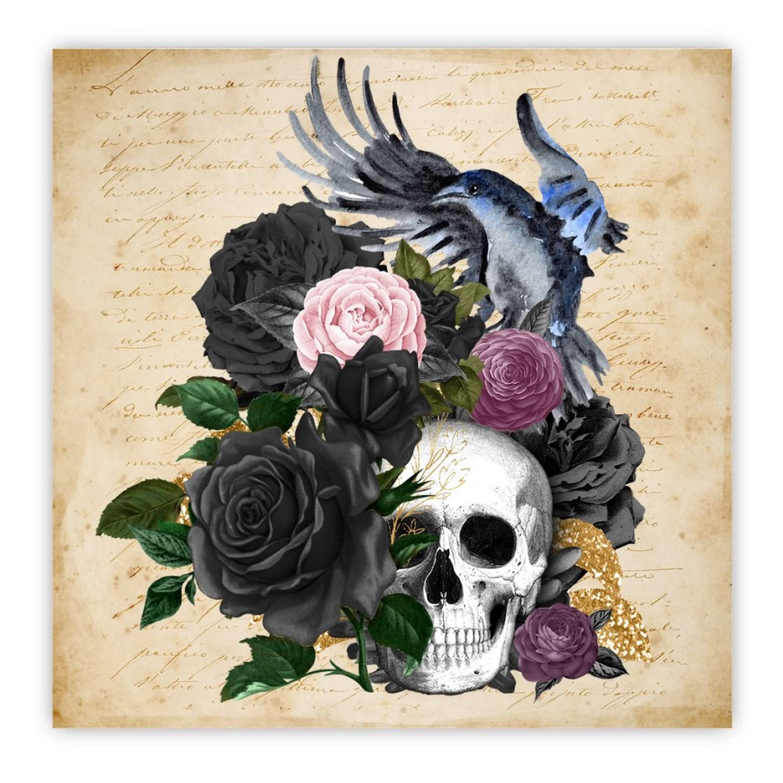 Fleur noire et corbeau sur crâne pour sublimer vos murs d'Halloween