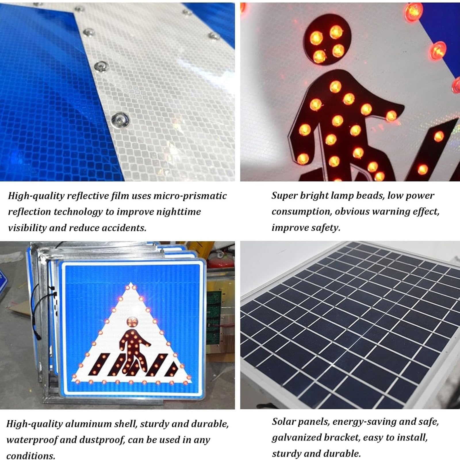 Señal LED intermitente de paso de peatones con energía solar, advertencia de peatones de alto brillo, impermeable y fácil instalación para seguridad vial