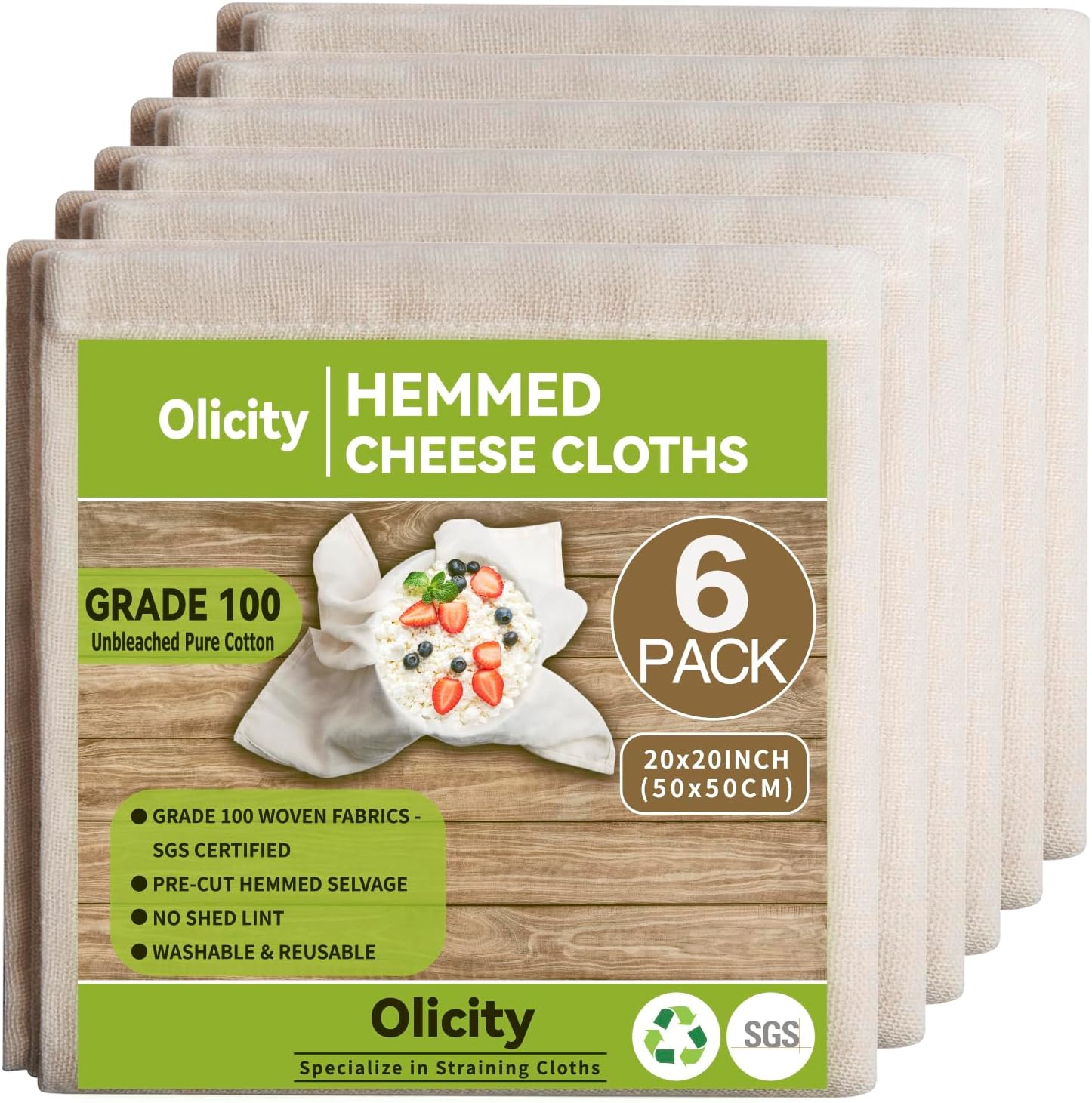 Olicity Cheese Cloths, 6PCS, Grade 100,20x20Inch Hemmed Cheese Cloth Fabric Reusable Fine Mesh Cloth, 100% Cotton Unbleached Precut Muslin Cheesecloth for Straining, Cooking, Yogurt, Juicing